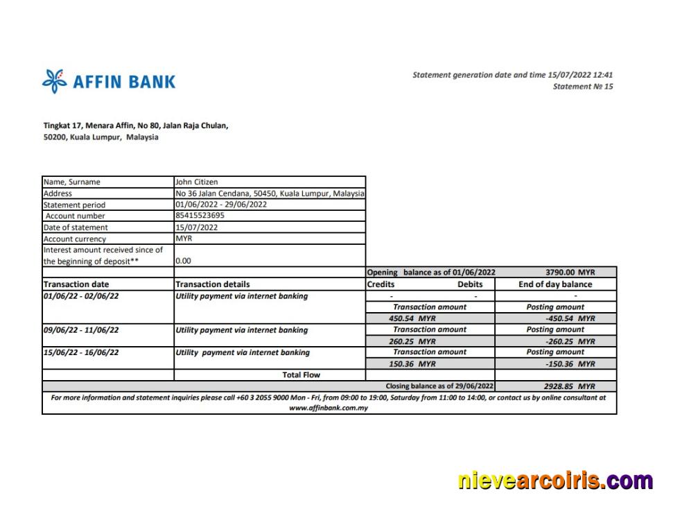 Malaysia Affin Bank statement